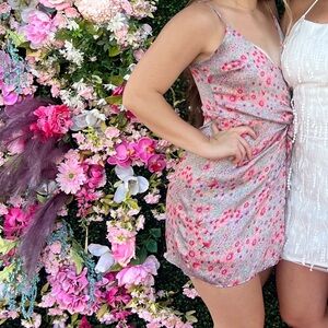 Pink and purple flowered satiny dress